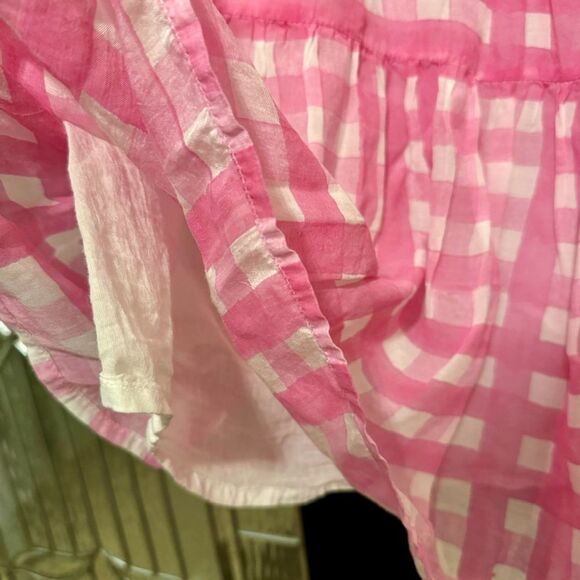 Oliphant Pink and White Gingham Yoke Tiered Button Neck Dress Size Medium - Picture 8 of 9